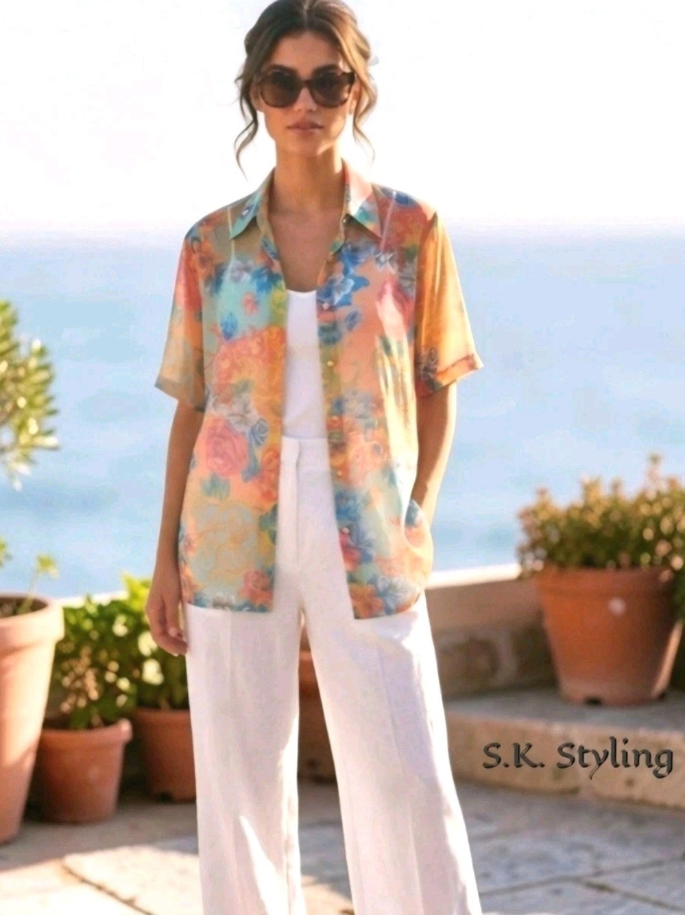 VTG Laura & Jayme Sheer Floral Blouse M XL Oversized Chiffon Button Up Cover Up